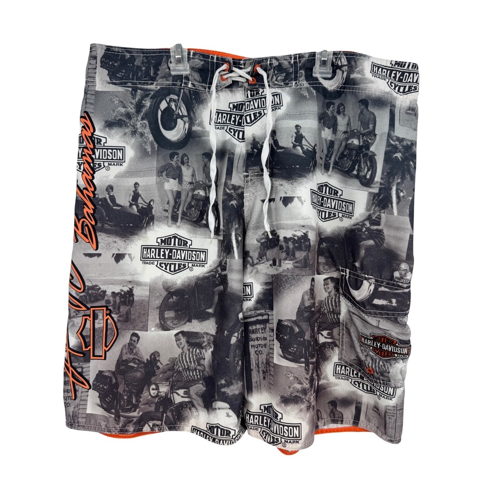 VTG‎ Harley-Davidson Mens Board Shorts Swim Trunks Vintage Photo Print Orange 38